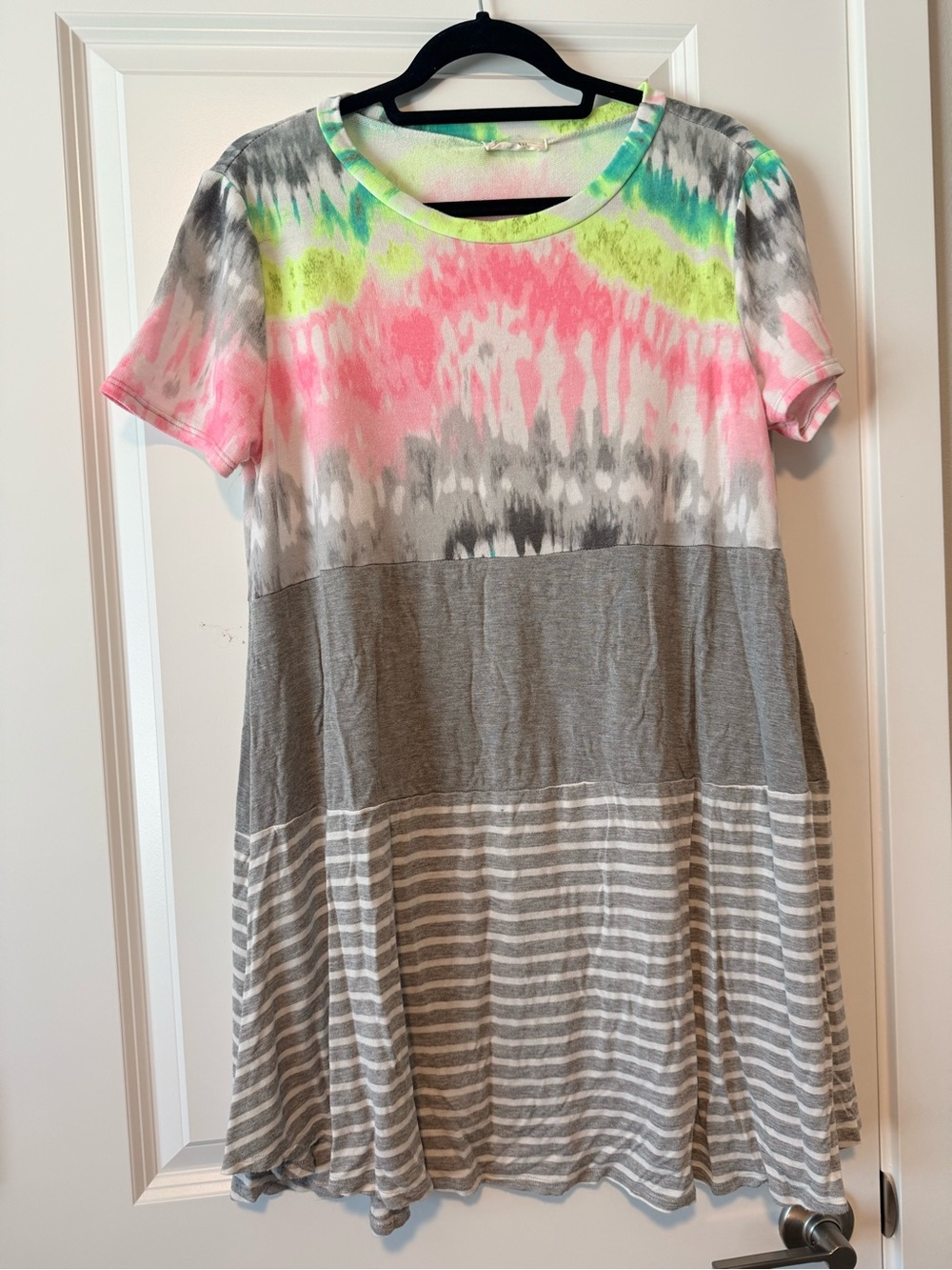 Neon Tie-Dye & Gray Stripe Mini Dress